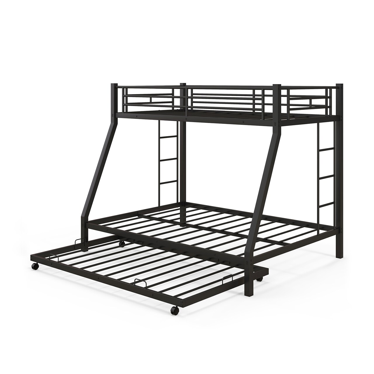 Black Twin Over Full Bunk Bed with Pull Out Trundle and Guardrails